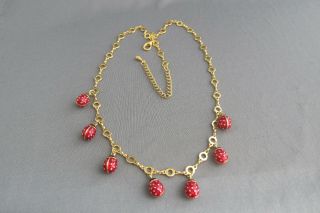 Joan Rivers Gold Tone Red Black Enamel 3d Ladybug Elongated Ring Link Necklace