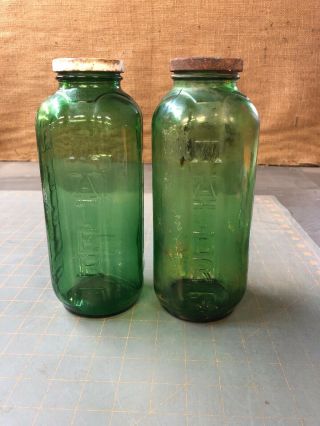 2 Vintage Green Glass Water Juice Bottles Jar With Lid 40 Ounces