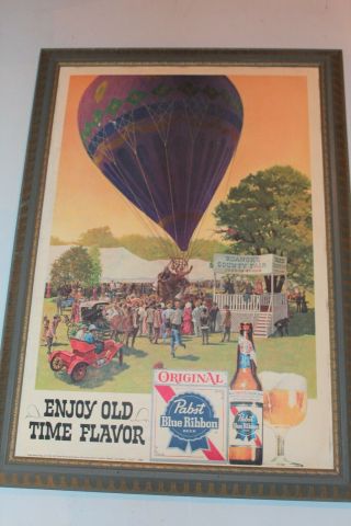 Old Pabst Blue Ribbon Beer Sign Hot Air Balloon Roanoke Scene Wood Frame
