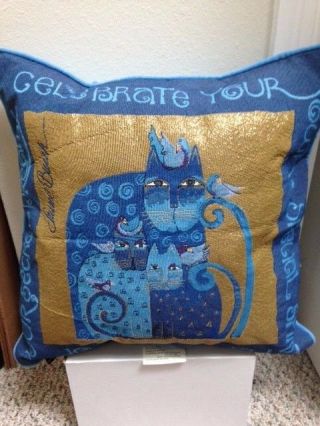 Laurel Burch Blue Indigo Cats Tapestry Throw Pillow Retired Design - Euc