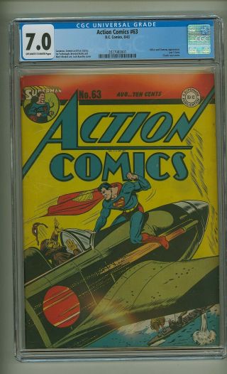 Action Comics 63 (cgc 7.  0) Ow/w Pgs; Hitler; Dummy; Classic Wwii Cover (c 23292)