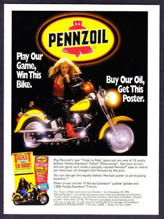 1994 Harley - Davidson Softail Photo Pennzoil Ticket To Ride Game Promo Print Ad