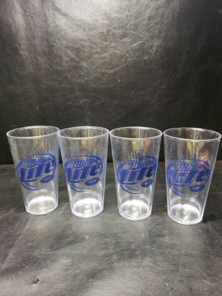 Heavy Duty Set Of 4 Miller Lite Pint Beer Glasses Plastic 16 Oz Cups Man Cave