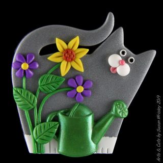 Standing Silver Tuxedo Kitty Cat,  Watering Can & Flowers Pin - Swris