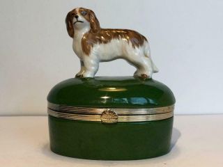 Hinged Green Porcelain Trinket Box With Cavalier King Charles Spaniel Dog Large