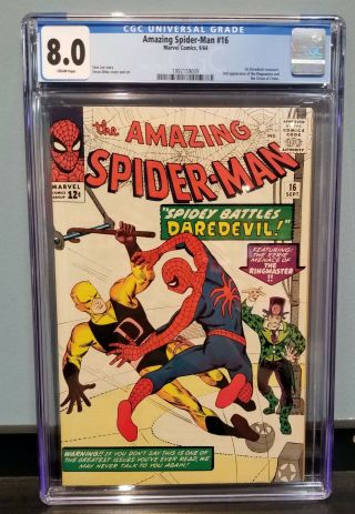 Spider - Man 16 Cgc 8.  0 First Spider - Man Daredevil Crossover Marvel 1964