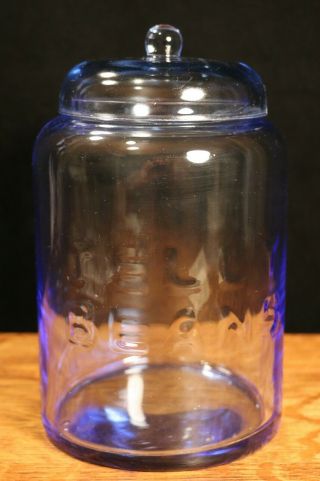 Vintage Depression Era Embossed Blue Glass Jelly Bean Jar - Canister
