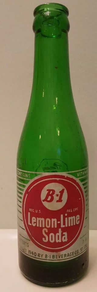 Vintage 1940 B - 1 Lemon - Lime Soda Soft Drink Bottle 7oz.  Size - Sacramento Ca.  Usa