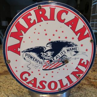 Vintage American Gasoline / 12 " Porcelain Gas & Oil Service Sign
