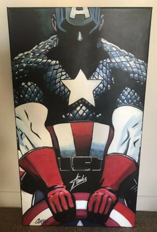 Stan Lee (d. ) Signed Captain America Pop Art Canvas Cargill Painting - 32”x18”