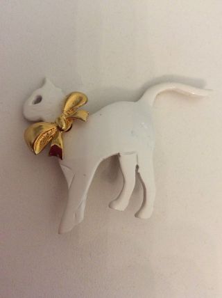 50s Vtg Rare White Siamese Cat Brooch Pin Signd Ultra Craft Gold Bow - 2 " X 2 "