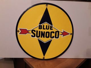 Blue Sunoco Gasoline Porcelain Enamel Coated 18 Gauge Steel Advertising Sign
