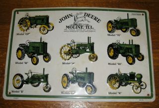 Vtg John Deere Moline,  Ill Metal Sign Celebrating 8 Different Tractors 18 " X 12 "