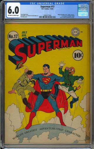 Superman 17 Classic Hitler Cover Wwii Golden Age Dc War Comic 1942 Cgc 6.  0