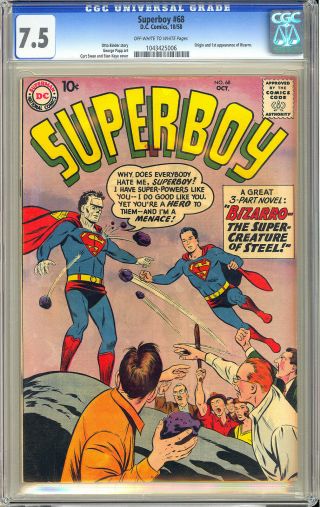 Superboy 68 Origin & 1st App.  Bizarro Superman Dc Comic 1958 Cgc 7.  5