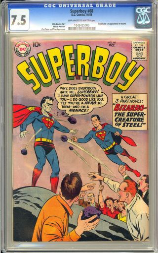 Superboy 68 Origin & 1st App.  Bizarro Superman DC Comic 1958 CGC 7.  5 2