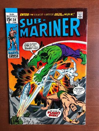Sub - Mariner 34 (1971) 7.  5 Vf Marvel Key Issue Bronze Age 1st Defenders App Hulk