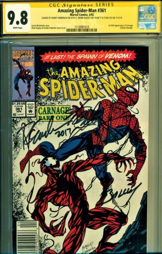 Spider - Man 361 Cgc 9.  8 Ss 3x Signed By Stan Lee,  Bagley,  1st App Carnage