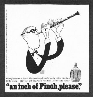 1967 Benny Goodman & Clarinet Art By Al Hirschfeld Pinch Scotch Vintage Print Ad