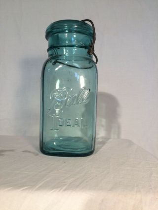 Vintage Ball Ideal " Square " Blue Quart Fruit/canning Jar & Blue Lid 2