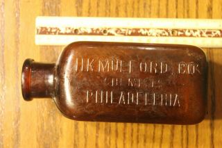 Amber Embossed Glass Medicine Bottle H.  K.  Mulford Co Chemists Philadelphia 1890s