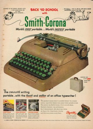 1951 Smith - Corona Portable Typewriter Vintage Laminated Ad Art