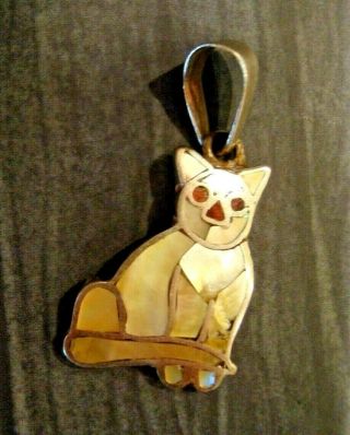 Peruvian Handmade Sterling Silver Cat Pendant Mother Of Pearl Inlay& Gift Box