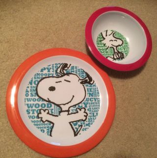 Peanuts Snoopy Plate & Matching Woodstock Bowl Set Kids Dishes Melamine Plastic
