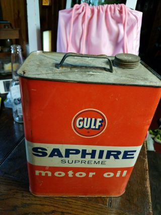 Vintage Gulf Saphire Supreme 2 Gallon Metal Orange Motor Oil Can