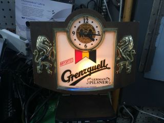 Vintage German Pilsner Beer Light Up Bar Sign Grenzquell Olympia Imports W/clock