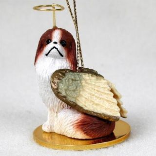 Japanese Chin Dog Angel Ornament Hand Painted Resin Figurine Christmas Red Puppy