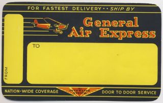 1930s Airline Luggage Label General Air Express 1