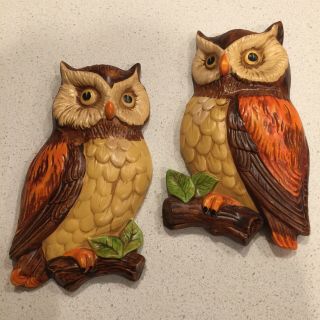 Lefton Vintage Ceramic Owl (2) Wall Plaques Red Label Japan 382 Chalkware 7”x4”