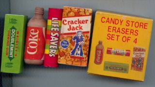 Candy Store Erasers Set Of 4 W/box Coca Cola Lifesavers Cracker Jack Gum