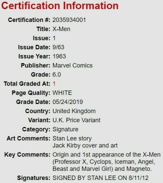 X - Men 1 9/63 CGC 6.  0 Stan Lee Signature Series (SS) U.  K.  Price Variant 8