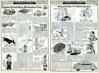1940 2 Page Print Ad Of Marx & Buddy L Mechanical Toys Tractor Tank Pluto Scarab