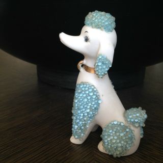 Vintage Lefton Spaghetti Poodle Dog Porcelain Figurine W Blue Glass Beads Japan