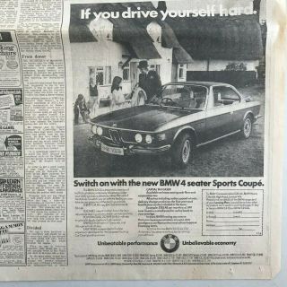 Vintage 1974 Newspaper Print Ad For Bmw 3.  0 Csi 4 Seater Sports Coupe Auto