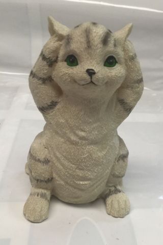 ' Hear no Evil ' smiling cat figurine (cat covering ears) - white gray stripe kitty 3