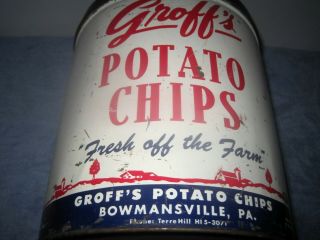 Vintage Collectible Metal GROFF ' S Bowmansville Pa.  Pennsylvania Potato Chip Can 2