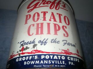 Vintage Collectible Metal GROFF ' S Bowmansville Pa.  Pennsylvania Potato Chip Can 3