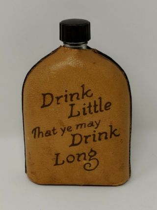 Vintage Leather Covered Mini Glass Whiskey Flask Las Vegas,  Nevada 4 " Empty