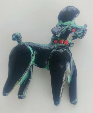 Classy Mcm Vintage Poodle Brooch Pin Black Enamel With Red Jewel Collar And Eye