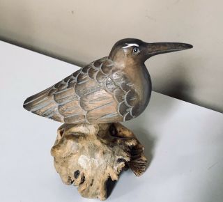 Vtg Hand Carved Painted - Burl Wood Sandpiper Shore - Sand Water Bird Wooden Carving