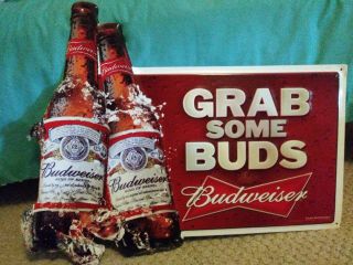 Budweiser Grab Some Buds Wall Decor Bar Man Cave Metal Tin Sign