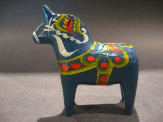 Vintage Nils Olsson Blue Dala Wood Horse Hand Carved & Painted Sweden 4 In Label