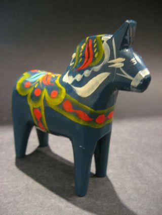 Vintage Nils Olsson Blue Dala Wood Horse Hand Carved & Painted Sweden 4 In Label 4