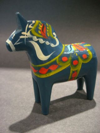 Vintage Nils Olsson Blue Dala Wood Horse Hand Carved & Painted Sweden 4 In Label 5