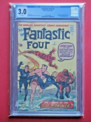 Fantastic Four 4 - Cgc 3.  0 - Huge Key - First Silver Age Submariner (1962)