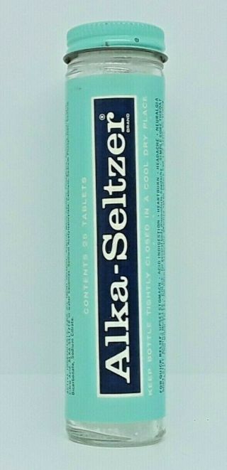 Vintage Advertising Alka Seltzer Glass Bottle Paper Blue Label Tin Top
